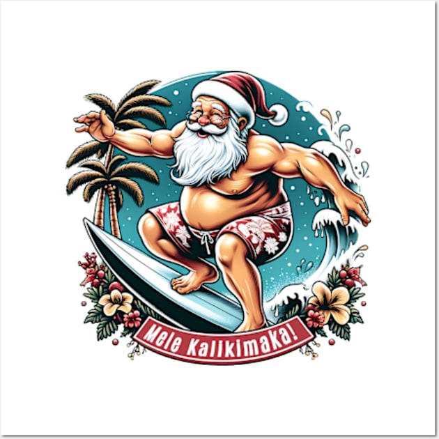 Mele Kalikimaka! - surfing Santa Wall Art by Neon Galaxia